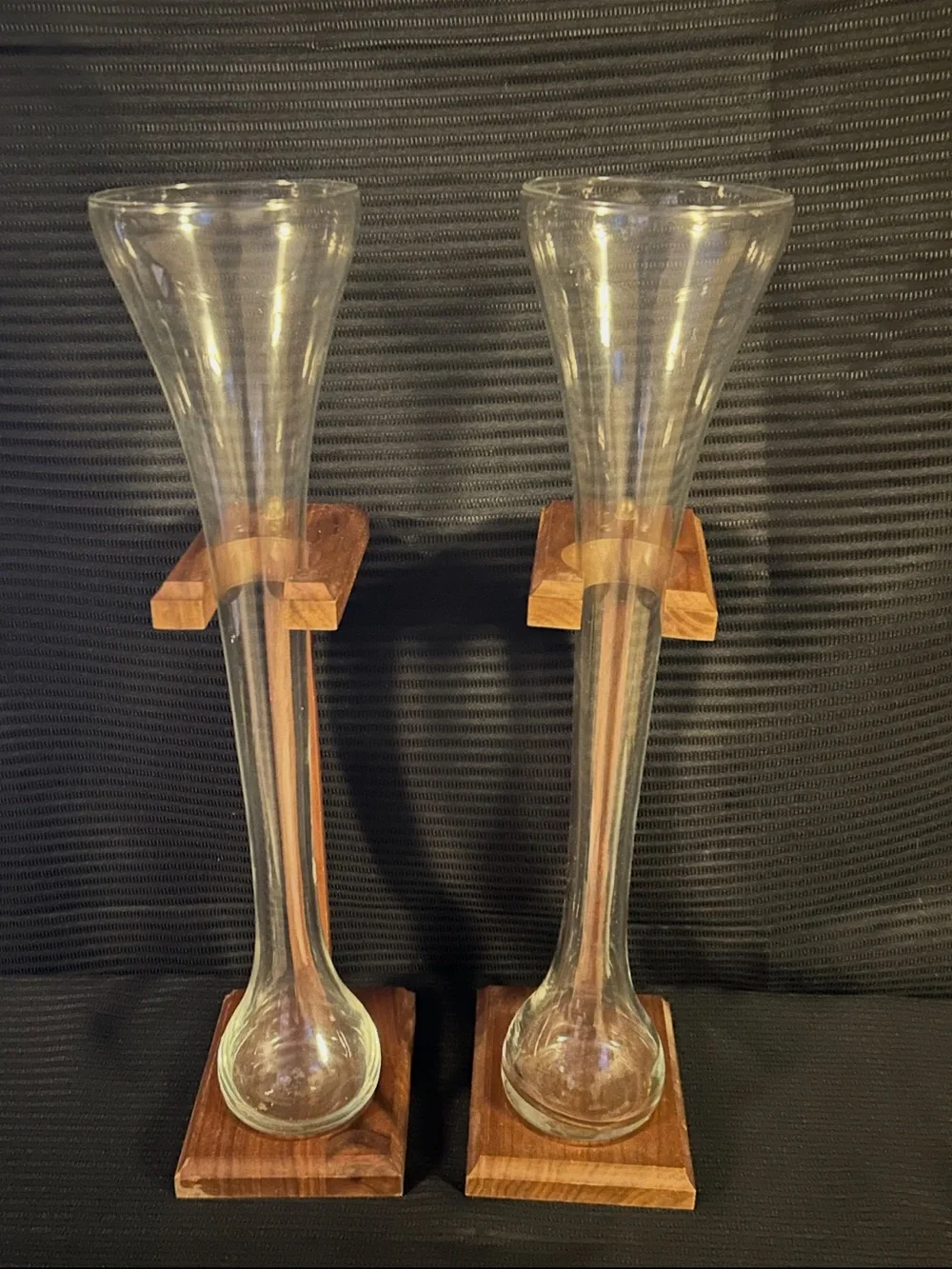 Vintage Pair Half-Yard Ale Beer Glasses w/ Wooden Stands
